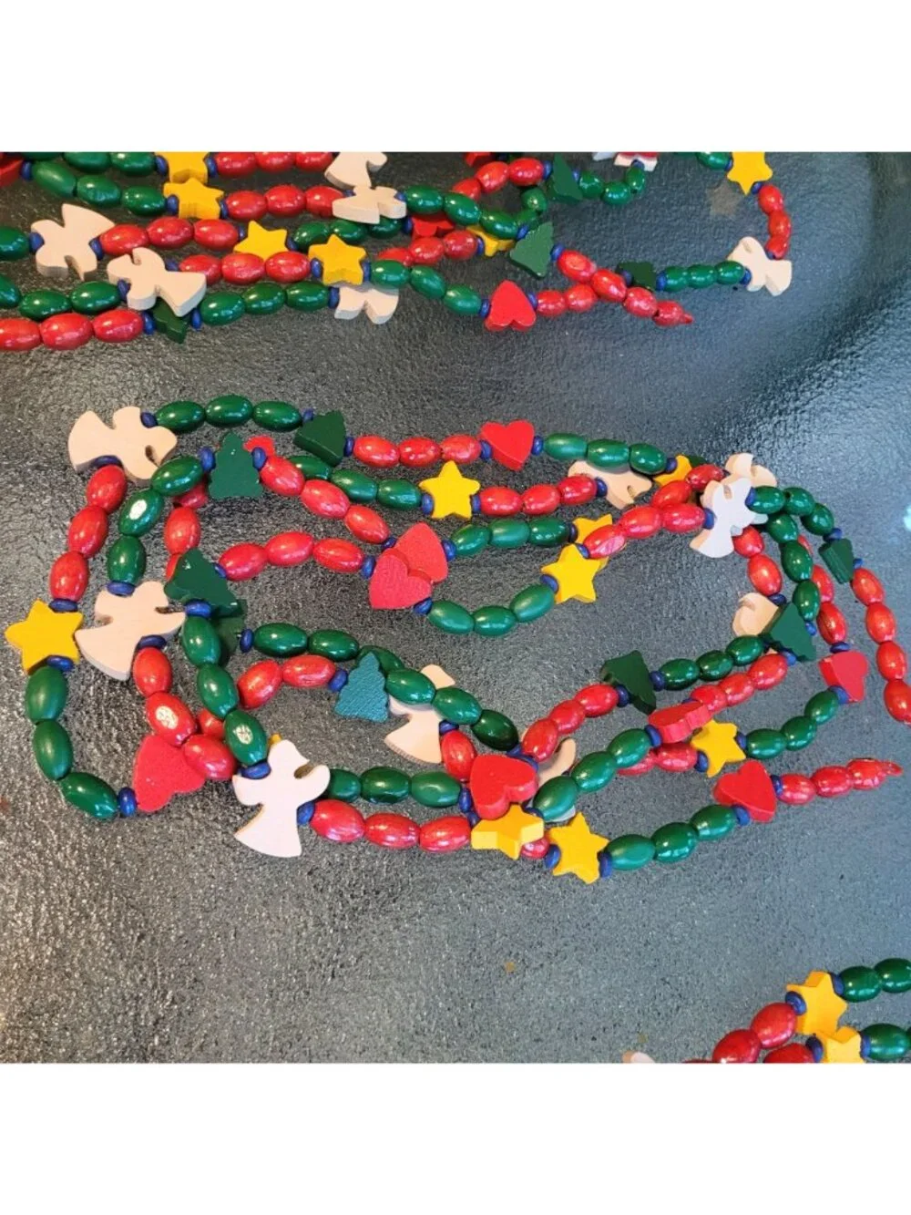 Wooden Beaded Lot 6 Christmas Garland With Angels Stars Hearts & Trees Red Green